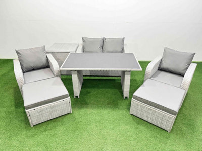 Fimous Outdoor Rattan Garden Furniture Dining Set 6-Seater Reclining Chair Set With Side Table 2 Big Stools - image 1