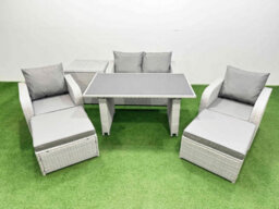Fimous Outdoor Rattan Garden Furniture Dining Set 6-Seater  Reclining Chair Set With Side Table 2 Big Stools - thumbnail 1