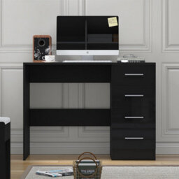 Reflect 4 Drawer Desk - Black Gloss & Black Oak - Modern Bedroom Storage For Vanity, Work Or Study - H: 72Cm X W: 99Cm X D: 39.5Cm - thumbnail 2