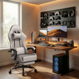 Precision Synergie Fabric Gaming Chair, Massage Computer Chair With Footrest, Lumbar Support & Height Adjustable For Home, Silver - thumbnail 8