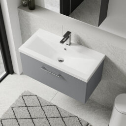 Balterley Bramshall Modern Bathroom Wall Hung 1 Soft Close Drawer Vanity Unit & Mid-Edge Basin, Satin Grey, 810mm - thumbnail 5