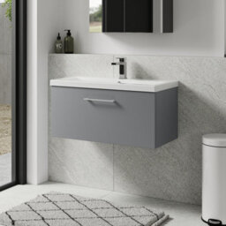 Balterley Bramshall Modern Bathroom Wall Hung 1 Soft Close Drawer Vanity Unit & Mid-Edge Basin, Satin Grey, 810mm - thumbnail 4