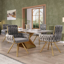 Matteo Set Of 2 Luxury Grey Velvet Swivel Dining Chairs With Gold Metal Legs - thumbnail 2