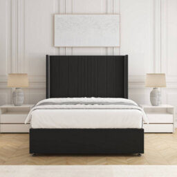 Bsspoke Charlotte Divan Bed Set Black Plush Velvet 54Inch Wingedback Panel Headboard & Mattress No Drawers In All Sizes - thumbnail 1