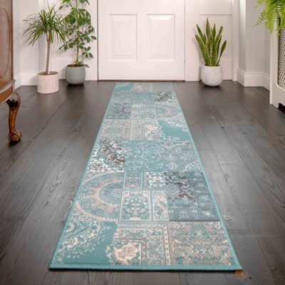 Loomed Aqua Blue Grey Traditional Patchwork Living Room Runner Rug 60X240Cm - image 1