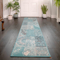 Loomed Aqua Blue Grey Traditional Patchwork Living Room Runner Rug 60X240Cm - thumbnail 1