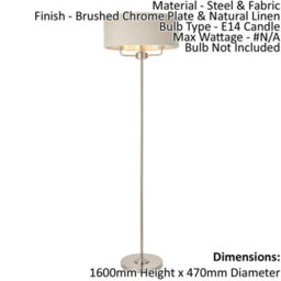 Floor Lamp Light - Brushed Chrome & Natural Linen - 3 X 40W E14 - Base & Shade - thumbnail 2
