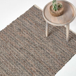 Homescapes Brown Real Leather Handwoven Diamond Pattern Rug, 150 X 240 Cm