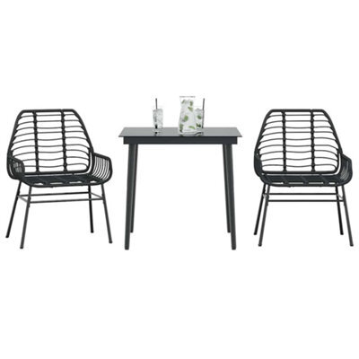 Walplus 3 Piece Garden Dining Set Black Poly Rattan Glass - Cushion Not Included - image 1