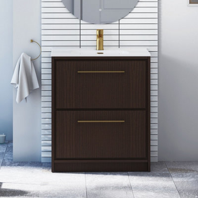 Royal Bathrooms Livora 700mm Walnut Woodgrain Floor Standing Vanity Unit 2 Drawer With Ceramic Basin & Brushed Brass Handle - image 1