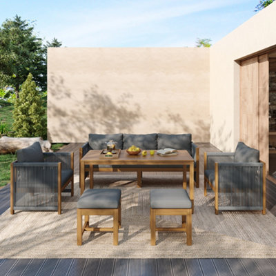 Abrihome 7 Seater Outdoor Garden Furniture Set Acacia Wood Patio Dining Set With Rope Weaving Table And Beige  Cushioned Chairs - image 1