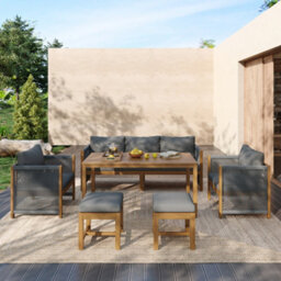 Abrihome 7 Seater Outdoor Garden Furniture Set Acacia Wood Patio Dining Set With Rope Weaving Table And Beige  Cushioned Chairs