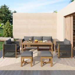 Abrihome 7 Seater Outdoor Garden Furniture Set Acacia Wood Patio Dining Set With Rope Weaving Table And Beige  Cushioned Chairs - thumbnail 2