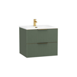 Royal Bathrooms Evora 600mm Sage Green Fluted Wall Hung Bathroom Vanity Unit 2 Drawer Cabinet Storage With Ceramic Basin & Brushed Brass Handles - thumbnail 7