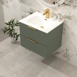 Royal Bathrooms Evora 600mm Sage Green Fluted Wall Hung Bathroom Vanity Unit 2 Drawer Cabinet Storage With Ceramic Basin & Brushed Brass Handles - thumbnail 6
