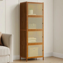 4 Tier Bookcase Shelf With Rattan Doors Bamboo Wooden Storage Cabinet Organizer - thumbnail 3