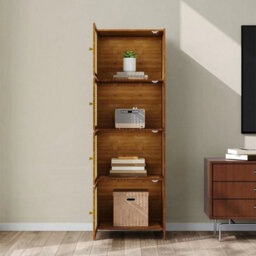 4 Tier Bookcase Shelf With Rattan Doors Bamboo Wooden Storage Cabinet Organizer - thumbnail 4