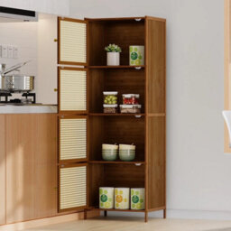 4 Tier Bookcase Shelf With Rattan Doors Bamboo Wooden Storage Cabinet Organizer - thumbnail 5