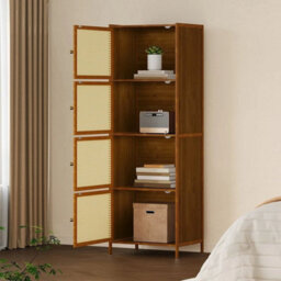 4 Tier Bookcase Shelf With Rattan Doors Bamboo Wooden Storage Cabinet Organizer - thumbnail 6