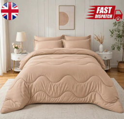 Natural Dark Natural 10.5 Tog Coverless Duvet Set With Pillowcases Reversible Lightweight Microfiber Polyester Bedding Plain Wave - thumbnail 1
