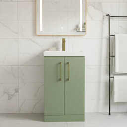 Balterley Bramshall Modern Bathroom 2 Soft Close Door & Mid-Edge Vanity Unit Basin, Satin Green, 500mm - thumbnail 2