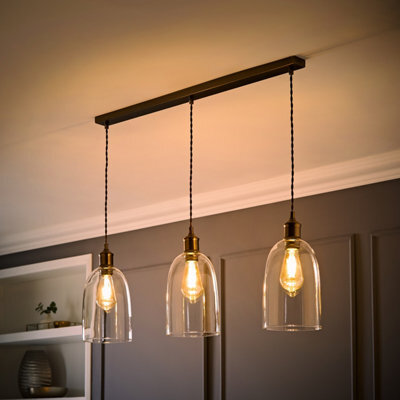 Valuelights Kira Glass Dome 3 Drop Bar Brushed Brass Diner Ceiling Pendant Light With Bulbs - image 1