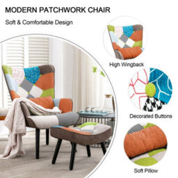 Homemiyn Patchwork Fabric Single-Seater Sofa With Brown Cushion And Footstool For Living Room, Bedroom - thumbnail 6