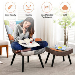 Homemiyn Patchwork Fabric Single-Seater Sofa With Brown Cushion And Footstool For Living Room, Bedroom - thumbnail 2