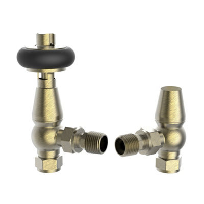Plum&clay Pair Of Brushed Brass Wooden Head Angled Thermostatic Radiator Valves