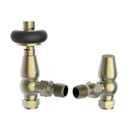 Plum&clay Pair Of Brushed Brass Wooden Head Angled Thermostatic Radiator Valves