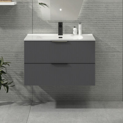 Royal Bathrooms Evora 800mm Graphite Grey Fluted Wall Hung Bathroom Vanity Unit 2 Drawer Cabinet Storage With Ceramic Basin & Matt Black Handles - image 1