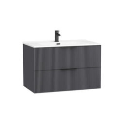 Royal Bathrooms Evora 800mm Graphite Grey Fluted Wall Hung Bathroom Vanity Unit 2 Drawer Cabinet Storage With Ceramic Basin & Matt Black Handles - thumbnail 5