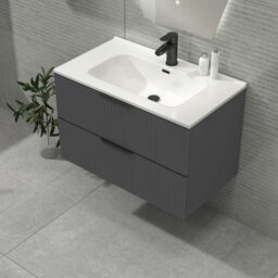 Royal Bathrooms Evora 800mm Graphite Grey Fluted Wall Hung Bathroom Vanity Unit 2 Drawer Cabinet Storage With Ceramic Basin & Matt Black Handles - thumbnail 4