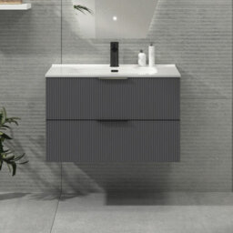 Royal Bathrooms Evora 800mm Graphite Grey Fluted Wall Hung Bathroom Vanity Unit 2 Drawer Cabinet Storage With Ceramic Basin & Matt Black Handles - thumbnail 1