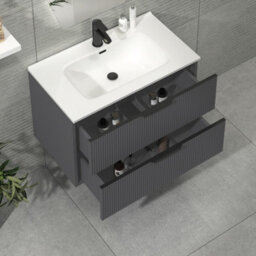 Royal Bathrooms Evora 800mm Graphite Grey Fluted Wall Hung Bathroom Vanity Unit 2 Drawer Cabinet Storage With Ceramic Basin & Matt Black Handles - thumbnail 3