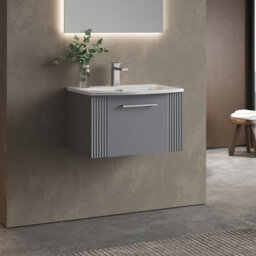 Balterley Belvide Partial Fluted 1 Drawer Wall Hung Vanity Unit With 1 Tap Hole Curved Basin- 600mm - Satin Grey - thumbnail 4