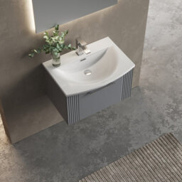 Balterley Belvide Partial Fluted 1 Drawer Wall Hung Vanity Unit With 1 Tap Hole Curved Basin- 600mm - Satin Grey - thumbnail 3