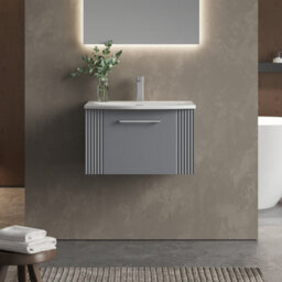 Balterley Belvide Partial Fluted 1 Drawer Wall Hung Vanity Unit With 1 Tap Hole Curved Basin- 600mm - Satin Grey - thumbnail 2