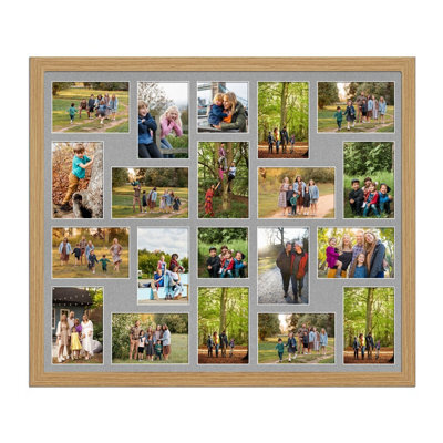 AK Frames 80X70Cm Light Oak Modern Multi Photo Frame With Silver Mount - Holds 20 Apertures (18X) 6X4, (2X) 4X4 Photos - image 1