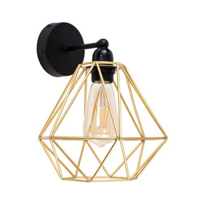 Valuelights Cambourne Industrial Satin Black Pipework Single Wall Light With Gold Metal Cage Light Shade - image 1