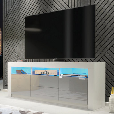 Shine Tv Unit 160Cm White & Grey With High Gloss Doors And Led Lighting - Creative Furniture - image 1