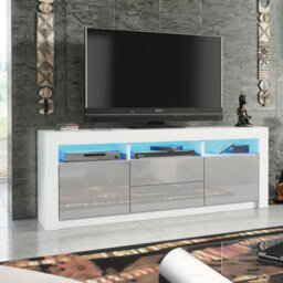 Shine Tv Unit 160Cm White & Grey With High Gloss Doors And Led Lighting - Creative Furniture - thumbnail 4