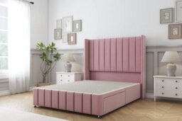 "Sloomy Melbourne Pink Plush Divan Bed Base 2 Drawers Foot-End - 54"" Wingback Headboard & 12"" Footboard 5' King" - thumbnail 1