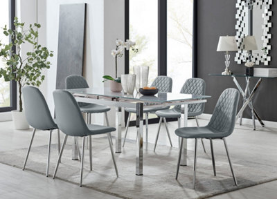 Furniturebox Uk 6 Seater Dining Set - Enna White Glass & Chrome Extendable Dining Table & Chairs - 6 Grey Leather Corona Chairs - image 1