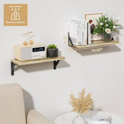 Natural Wood 2Pcs Floating Shelves Wooden Wall Mounted Display Storage Hold Rustic Industrial - thumbnail 3
