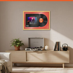 "AK Frames 25X17"" Country Pine Classic Vinyl Record Frame With Poppy Red Mount For 12 Inch Lp Cover & Disc - Overlapped Design" - thumbnail 8