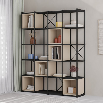 Decortie Modern Vale Maxi Bookcase Versatile Display Unit 5-Tier Metal Frame 6 Adjustable Shelf 18mm (Black Wood, Sandstone) - image 1
