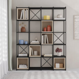 Decortie Modern Vale Maxi Bookcase Versatile Display Unit 5-Tier Metal Frame 6 Adjustable Shelf 18mm (Black Wood, Sandstone) - thumbnail 4