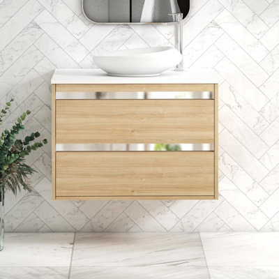 Royal Bathrooms Orion 800mm Natural Oak Wall Hung Plain White Countertop Vanity Unit 2 Drawer With Nova Basin & Chrome Accent Trim - image 1
