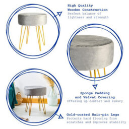 Harbour Housewares Velvet Footstool - Round Modern Dressing Table Footstool Vanity Seat Chairs - 40 X 35Cm - Grey/gold - thumbnail 2